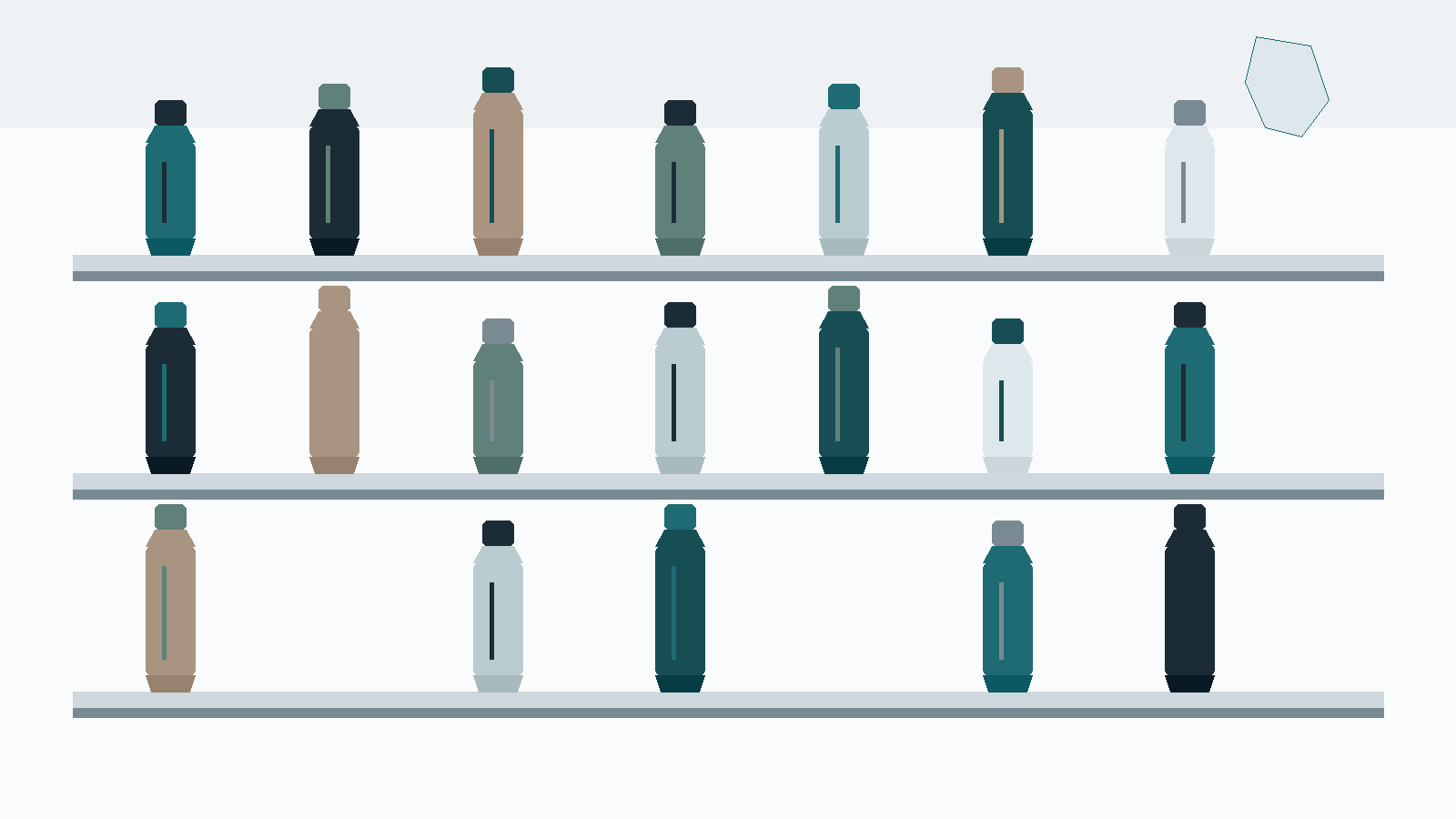 Bathroom shelf of anonymous toothpaste tubes with a few gaps — stock is not guaranteed.
