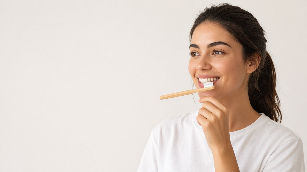 Smiling woman brushing her teeth with a bamboo toothbrush